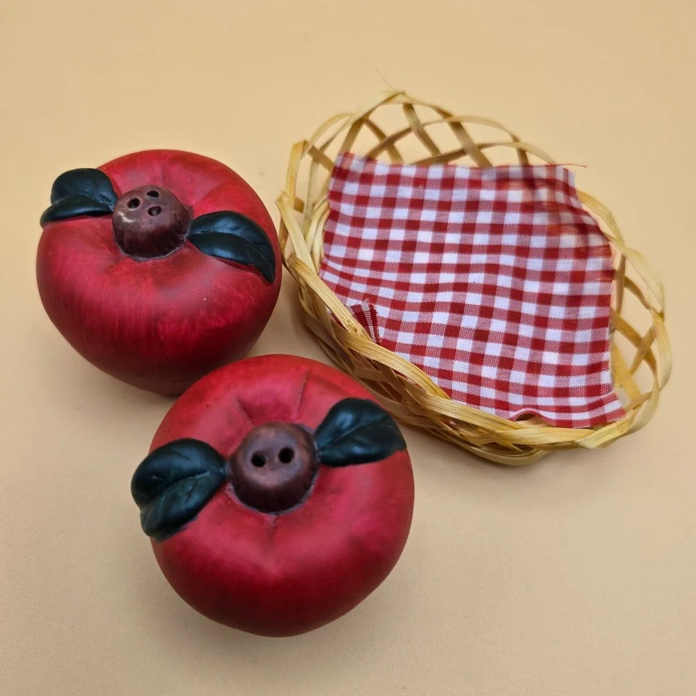 Red Apple Salt and Pepper Shakers with Basket Ceramic Kitchen Decor Set